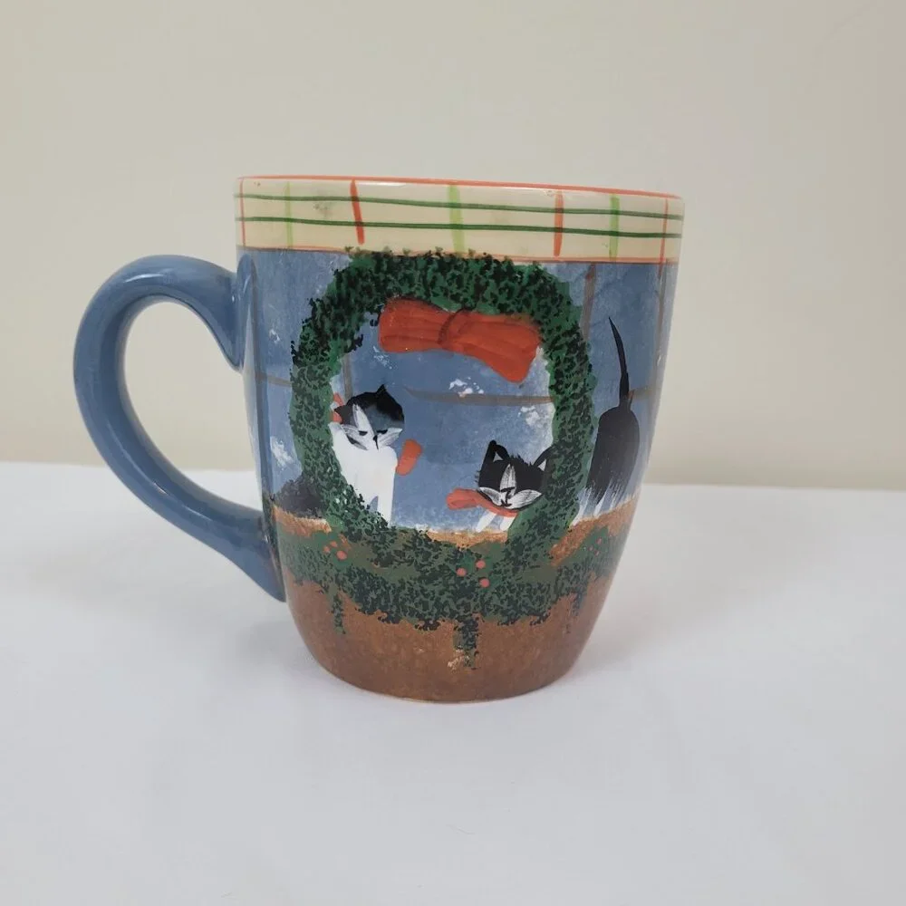 Oneida Cat Friends Mug 20oz Earthenware coffee cup Cats Christmas Hand Painted L